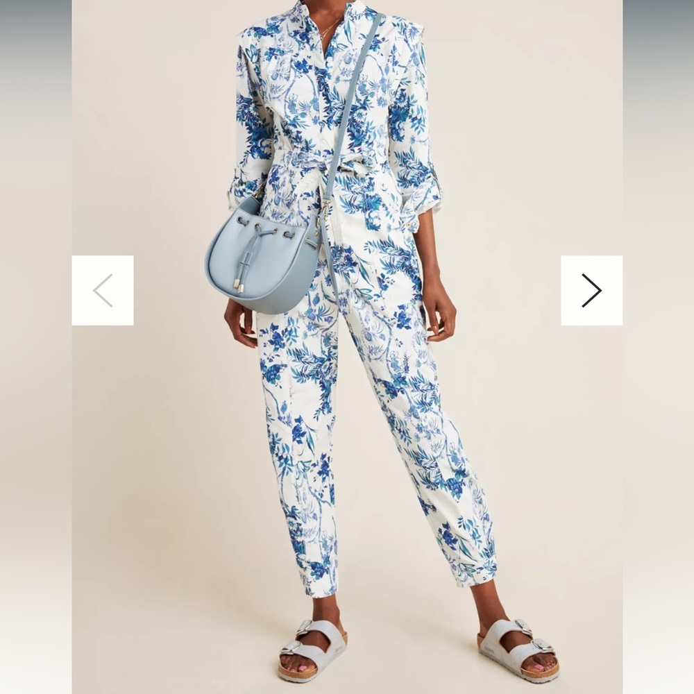 Anthropologie Blue and White Floral jumpsuit